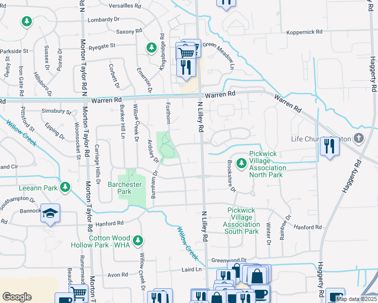 map of restaurants, bars, coffee shops, grocery stores, and more near 6626 Ardsley Court in Canton
