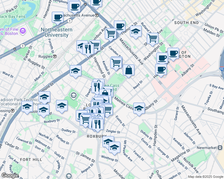 map of restaurants, bars, coffee shops, grocery stores, and more near 2001 Washington Street in Boston