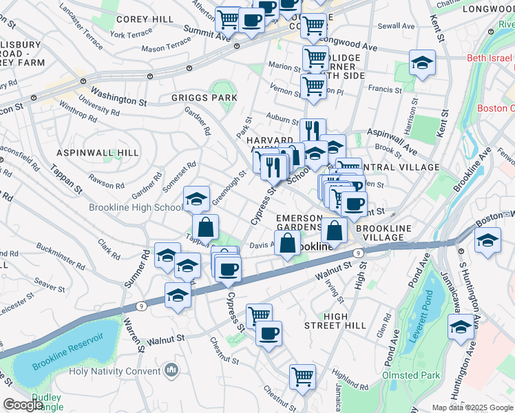 map of restaurants, bars, coffee shops, grocery stores, and more near 54 Cypress Street in Brookline