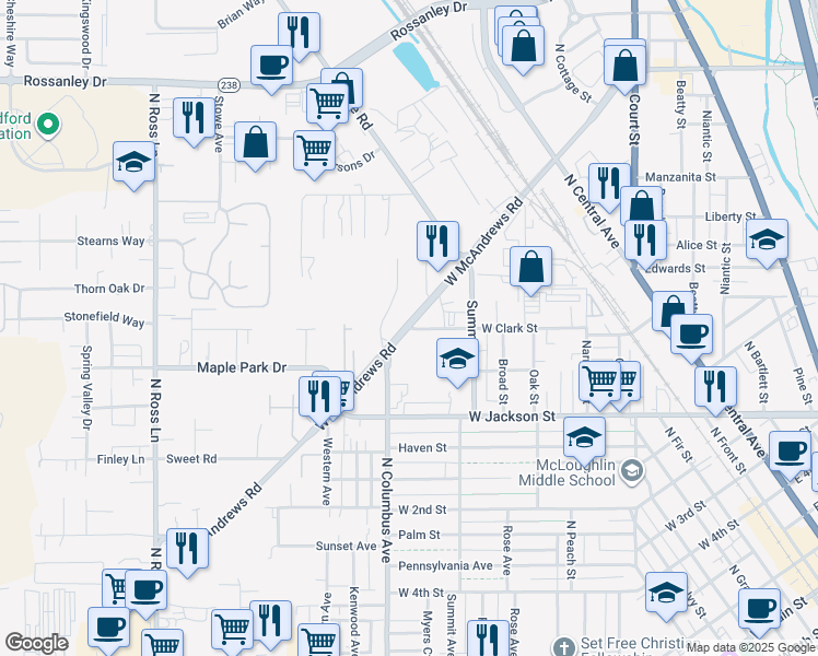 map of restaurants, bars, coffee shops, grocery stores, and more near 831 West Clark Street in Medford