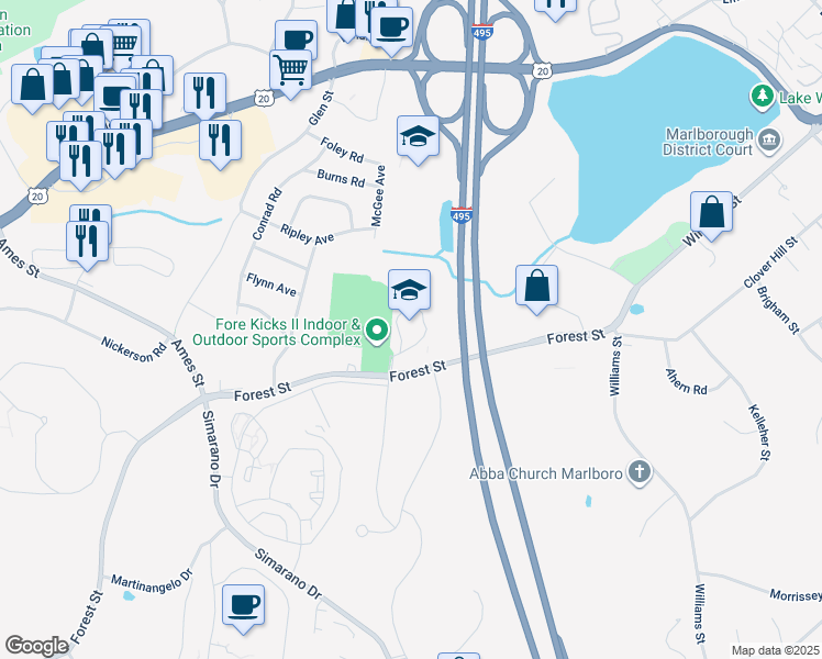 map of restaurants, bars, coffee shops, grocery stores, and more near 201 Forest Street in Marlborough