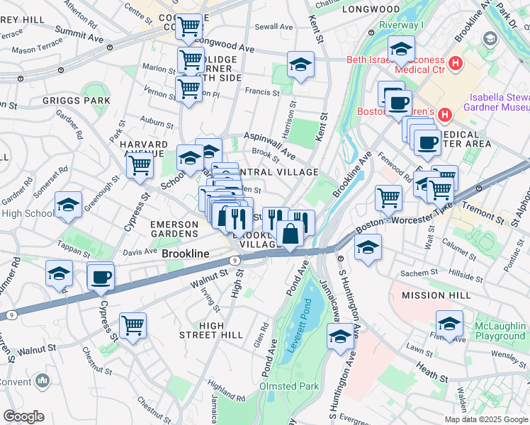 map of restaurants, bars, coffee shops, grocery stores, and more near in Brookline