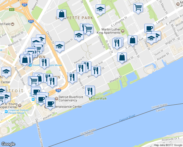 map of restaurants, bars, coffee shops, grocery stores, and more near 1342 Woodbridge Street in Detroit