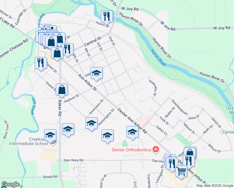 map of restaurants, bars, coffee shops, grocery stores, and more near 3470 Inverness Street in Dexter