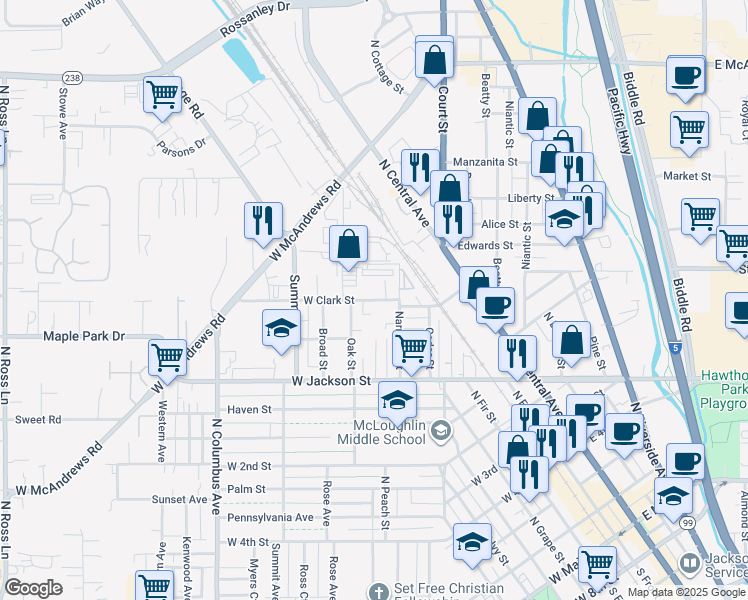 map of restaurants, bars, coffee shops, grocery stores, and more near 248 West Clark Street in Medford