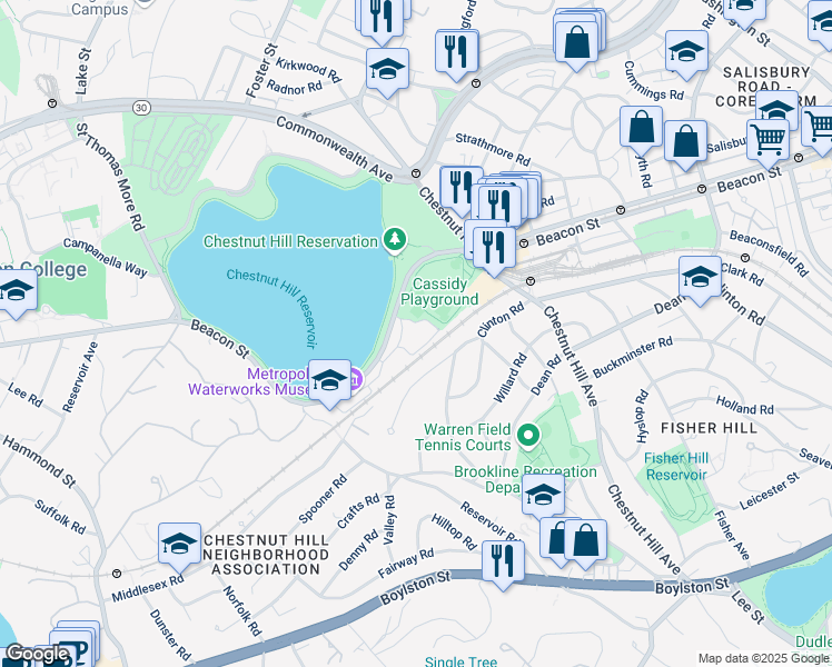 map of restaurants, bars, coffee shops, grocery stores, and more near 2400 Beacon Street in Boston