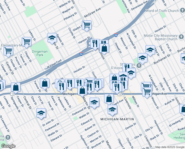 map of restaurants, bars, coffee shops, grocery stores, and more near 4650 Burton Street in Detroit
