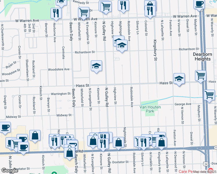 map of restaurants, bars, coffee shops, grocery stores, and more near 6201 North Gulley Road in Dearborn Heights