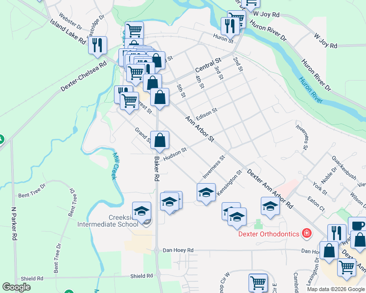 map of restaurants, bars, coffee shops, grocery stores, and more near 7715 Forest Street in Dexter