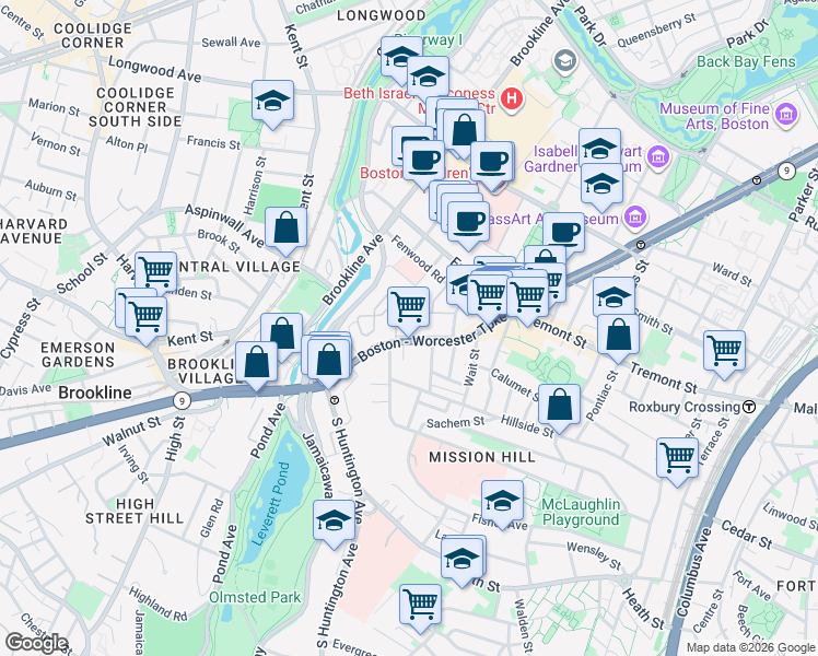 map of restaurants, bars, coffee shops, grocery stores, and more near 2 Shepherd Avenue in Boston