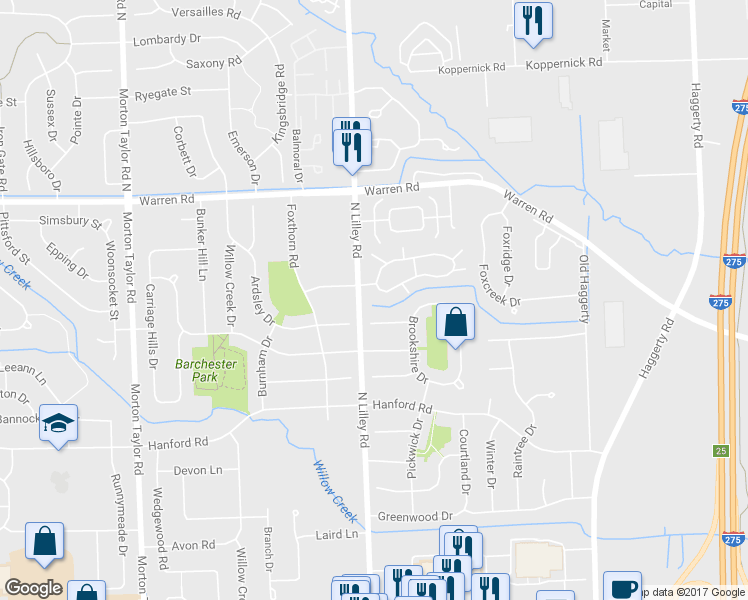 map of restaurants, bars, coffee shops, grocery stores, and more near 42342 Saratoga Circle in Canton