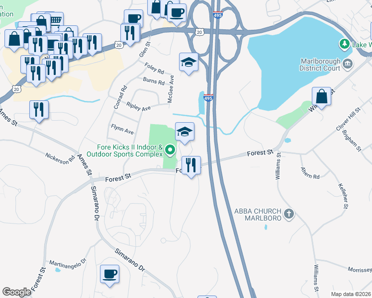 map of restaurants, bars, coffee shops, grocery stores, and more near 219 Forest Street in Marlborough
