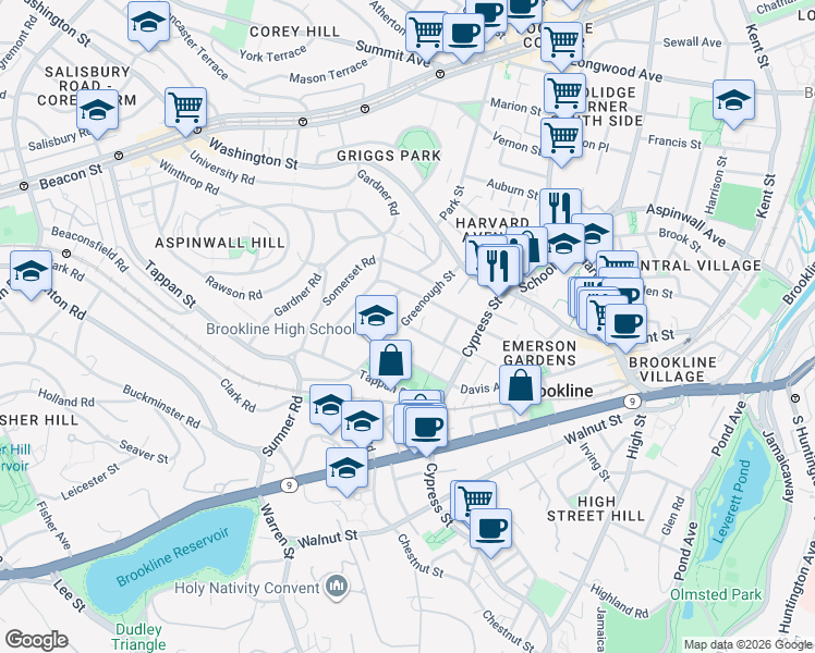 map of restaurants, bars, coffee shops, grocery stores, and more near 58 Gorham Avenue in Brookline