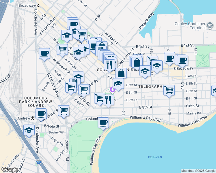 map of restaurants, bars, coffee shops, grocery stores, and more near 95 G Street in Boston