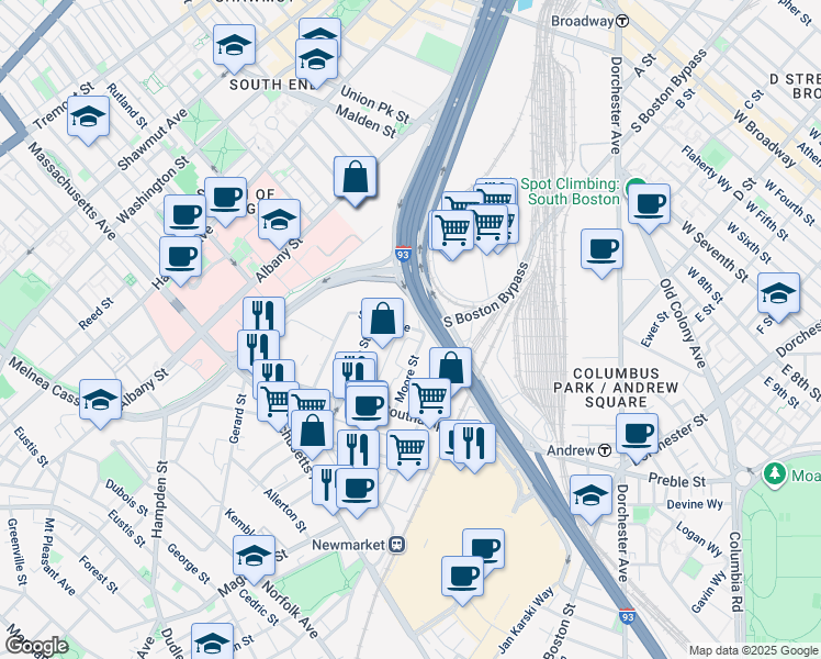 map of restaurants, bars, coffee shops, grocery stores, and more near 70 South Bay Avenue in Boston
