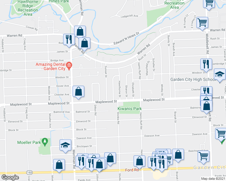 map of restaurants, bars, coffee shops, grocery stores, and more near Golfview Drive in Garden City