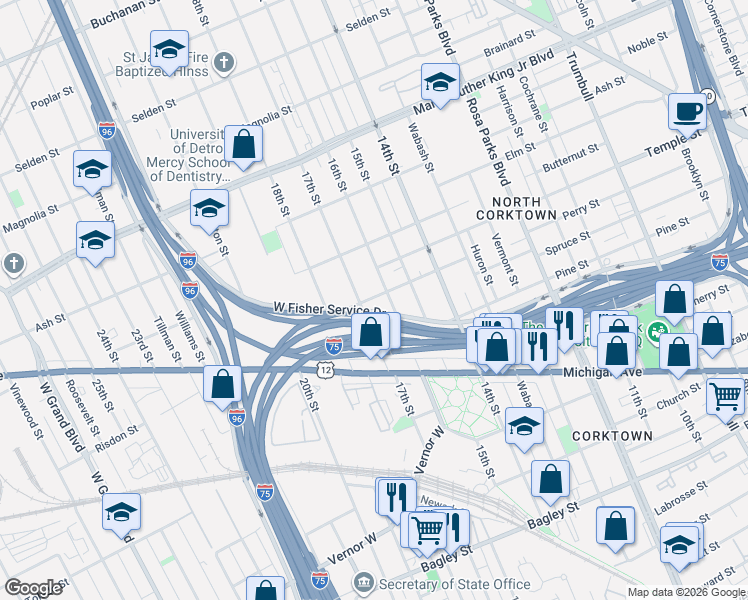 map of restaurants, bars, coffee shops, grocery stores, and more near 2675 16th Street in Detroit