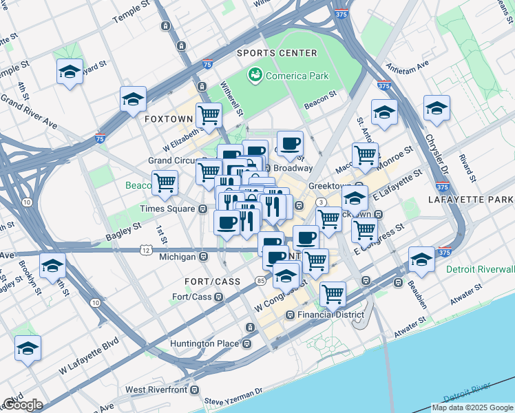 map of restaurants, bars, coffee shops, grocery stores, and more near 1261 Woodward Avenue in Detroit