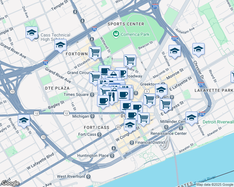 map of restaurants, bars, coffee shops, grocery stores, and more near 1261 Woodward Avenue in Detroit