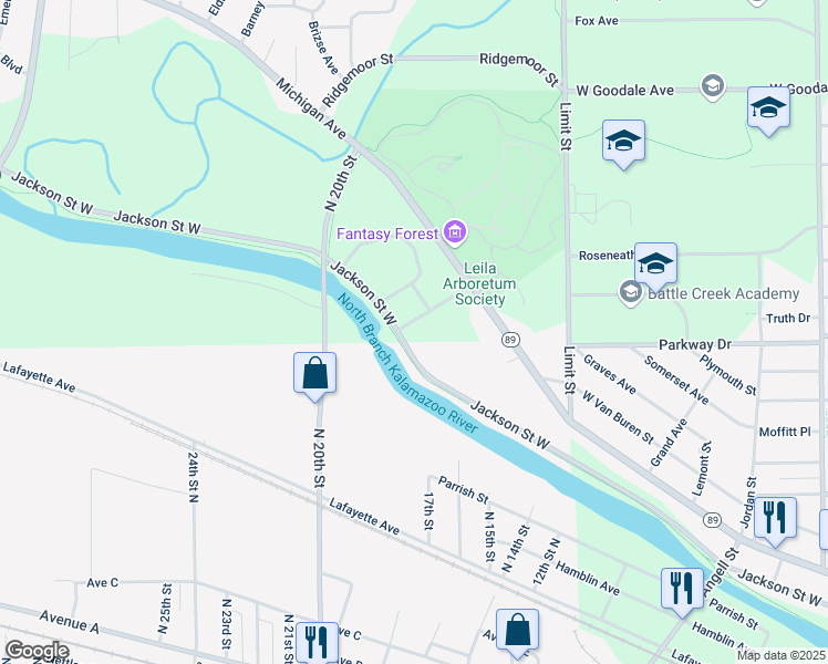 map of restaurants, bars, coffee shops, grocery stores, and more near 85 Lenon Street in Battle Creek