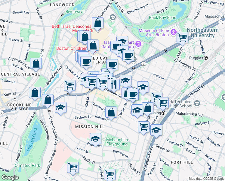 map of restaurants, bars, coffee shops, grocery stores, and more near 1607 Tremont Street in Boston