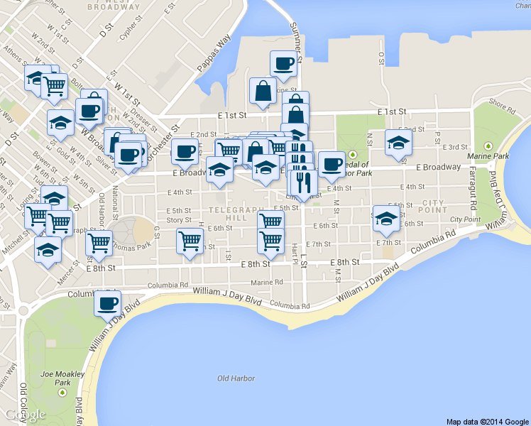 map of restaurants, bars, coffee shops, grocery stores, and more near 589 East 6th Street in Boston
