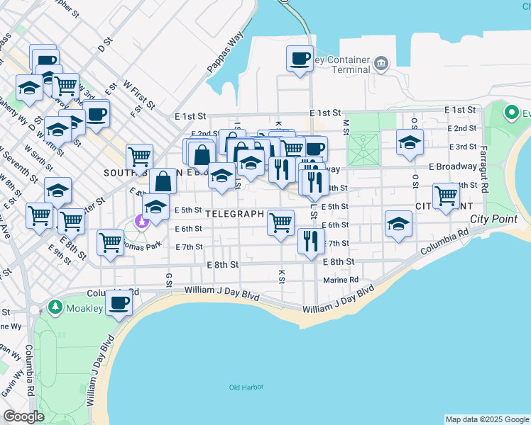 map of restaurants, bars, coffee shops, grocery stores, and more near 553 East 6th Street in Boston