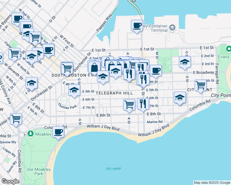 map of restaurants, bars, coffee shops, grocery stores, and more near 553 East 6th Street in Boston