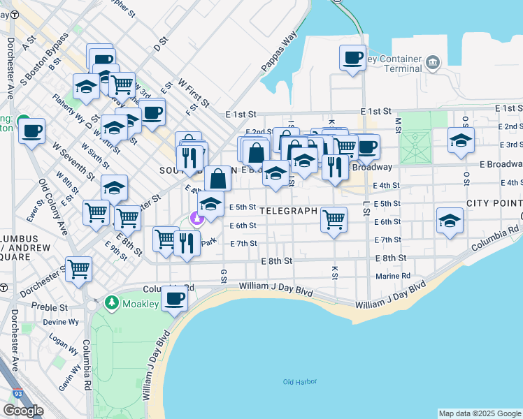 map of restaurants, bars, coffee shops, grocery stores, and more near 145 H Street in Boston