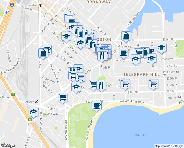 map of restaurants, bars, coffee shops, grocery stores, and more near 53 Old Harbor Street in Boston