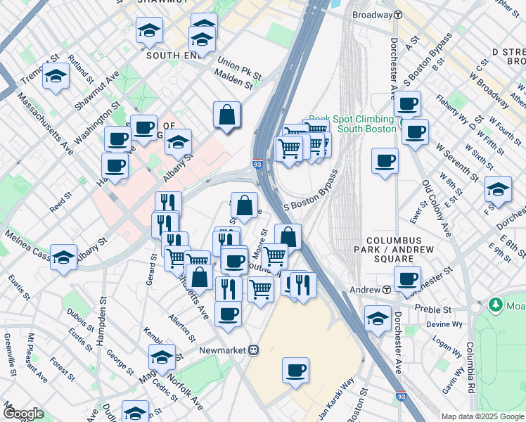 map of restaurants, bars, coffee shops, grocery stores, and more near 1201 Moore Street in Boston