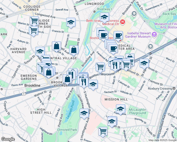 map of restaurants, bars, coffee shops, grocery stores, and more near 852 Huntington Avenue in Boston