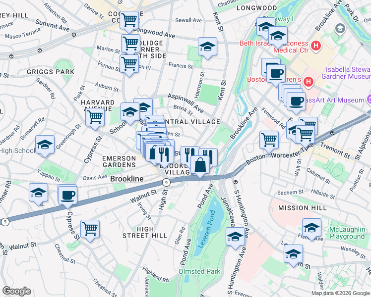 map of restaurants, bars, coffee shops, grocery stores, and more near in Brookline