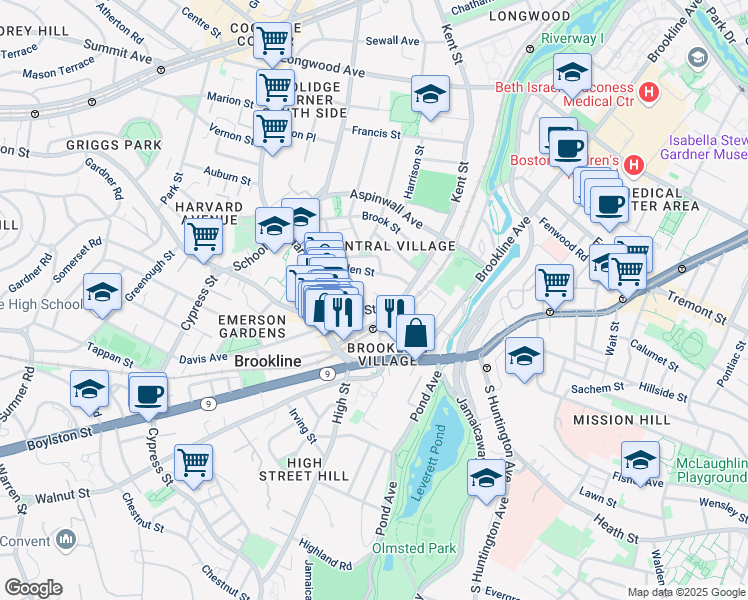 map of restaurants, bars, coffee shops, grocery stores, and more near in Brookline