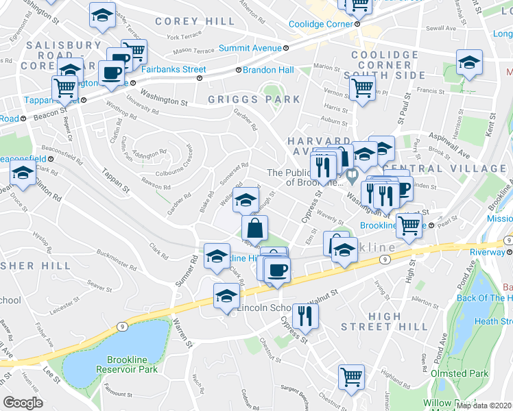 map of restaurants, bars, coffee shops, grocery stores, and more near 185 Davis Avenue in Brookline