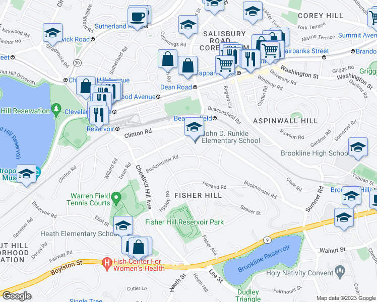 map of restaurants, bars, coffee shops, grocery stores, and more near 270 Buckminster Road in Brookline