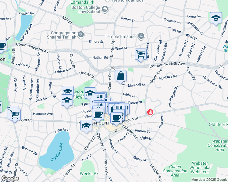 map of restaurants, bars, coffee shops, grocery stores, and more near 14 Willow Street in Newton