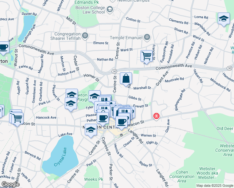 map of restaurants, bars, coffee shops, grocery stores, and more near 14 Willow Street in Newton