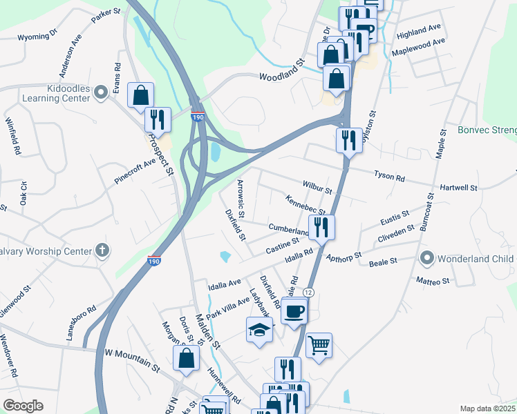 map of restaurants, bars, coffee shops, grocery stores, and more near 21 Cumberland Street in Worcester