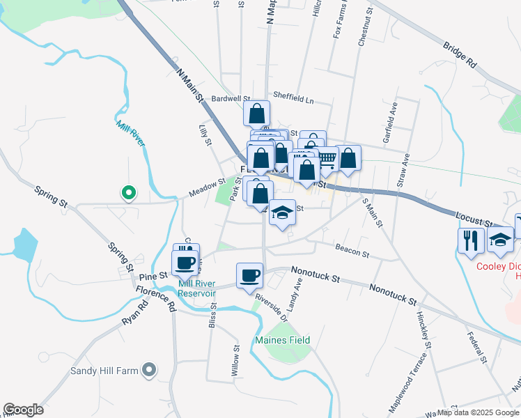 map of restaurants, bars, coffee shops, grocery stores, and more near 41 Maple Street in Northampton