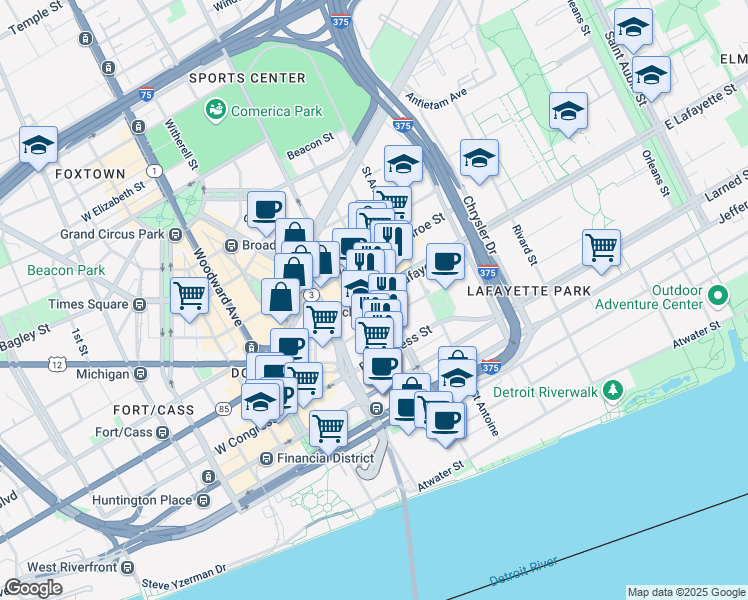 map of restaurants, bars, coffee shops, grocery stores, and more near 655 Beaubien Boulevard in Detroit