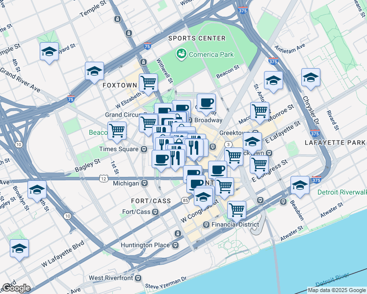 map of restaurants, bars, coffee shops, grocery stores, and more near in Detroit