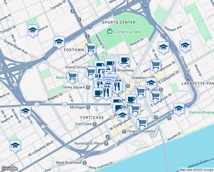 map of restaurants, bars, coffee shops, grocery stores, and more near in Detroit
