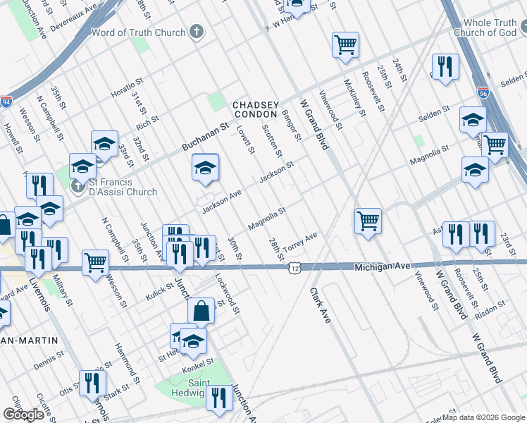 map of restaurants, bars, coffee shops, grocery stores, and more near 3605 28th Street in Detroit