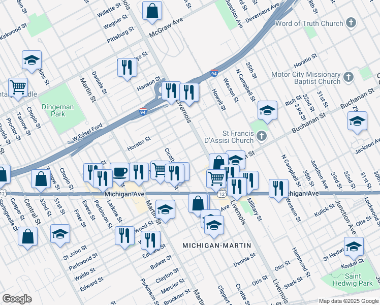 map of restaurants, bars, coffee shops, grocery stores, and more near 6428 Morse Street in Detroit