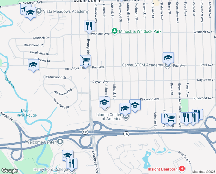 map of restaurants, bars, coffee shops, grocery stores, and more near 6036 Auburn Street in Detroit
