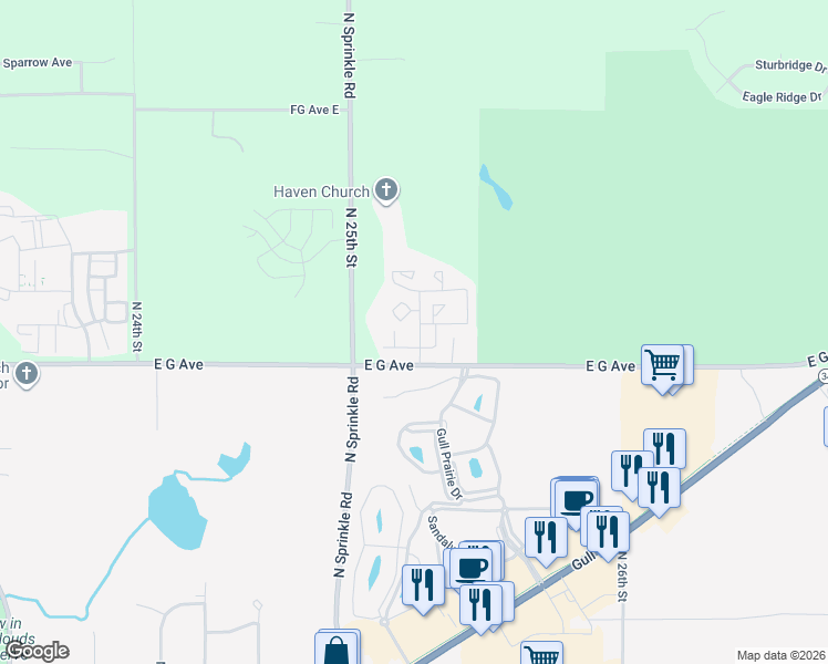 map of restaurants, bars, coffee shops, grocery stores, and more near 5705-5711 East G Avenue in Kalamazoo