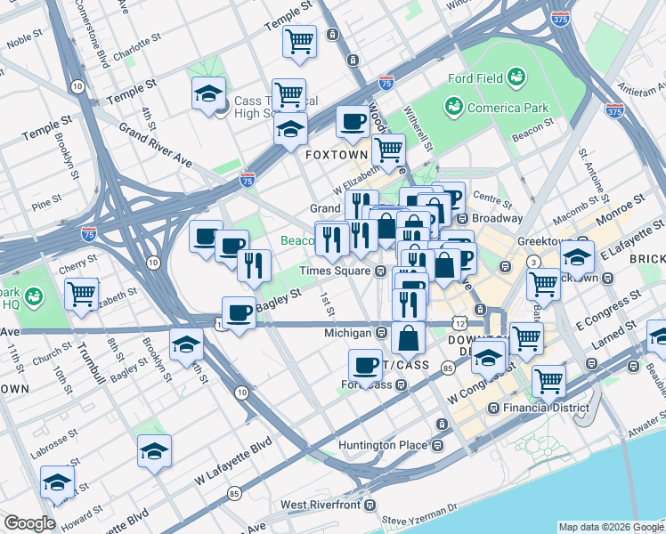 map of restaurants, bars, coffee shops, grocery stores, and more near 1511 1st Street in Detroit