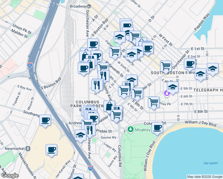 map of restaurants, bars, coffee shops, grocery stores, and more near 21 Lark Street in Boston