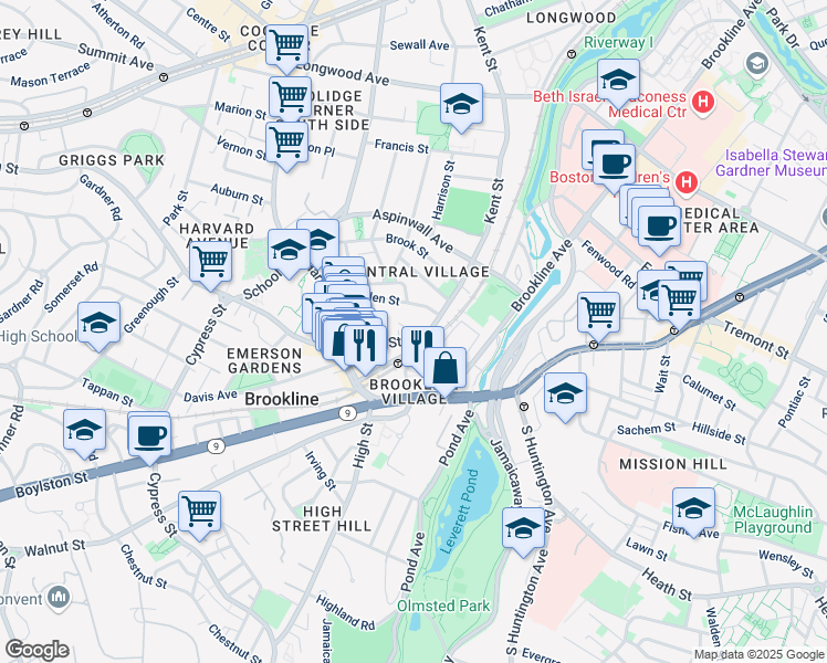 map of restaurants, bars, coffee shops, grocery stores, and more near in Brookline